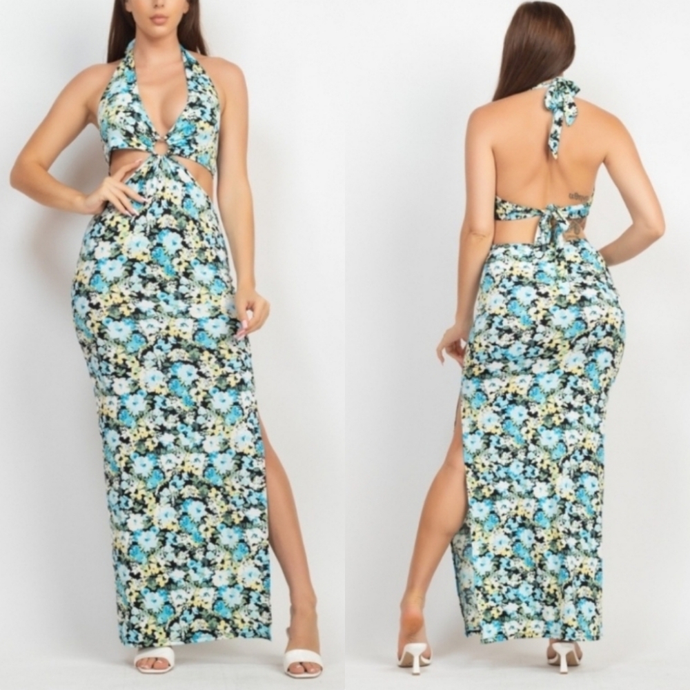 NWT Cutout O-Ring Side Slit Halter Sleeveless Blue Multi-Floral Maxi Dress